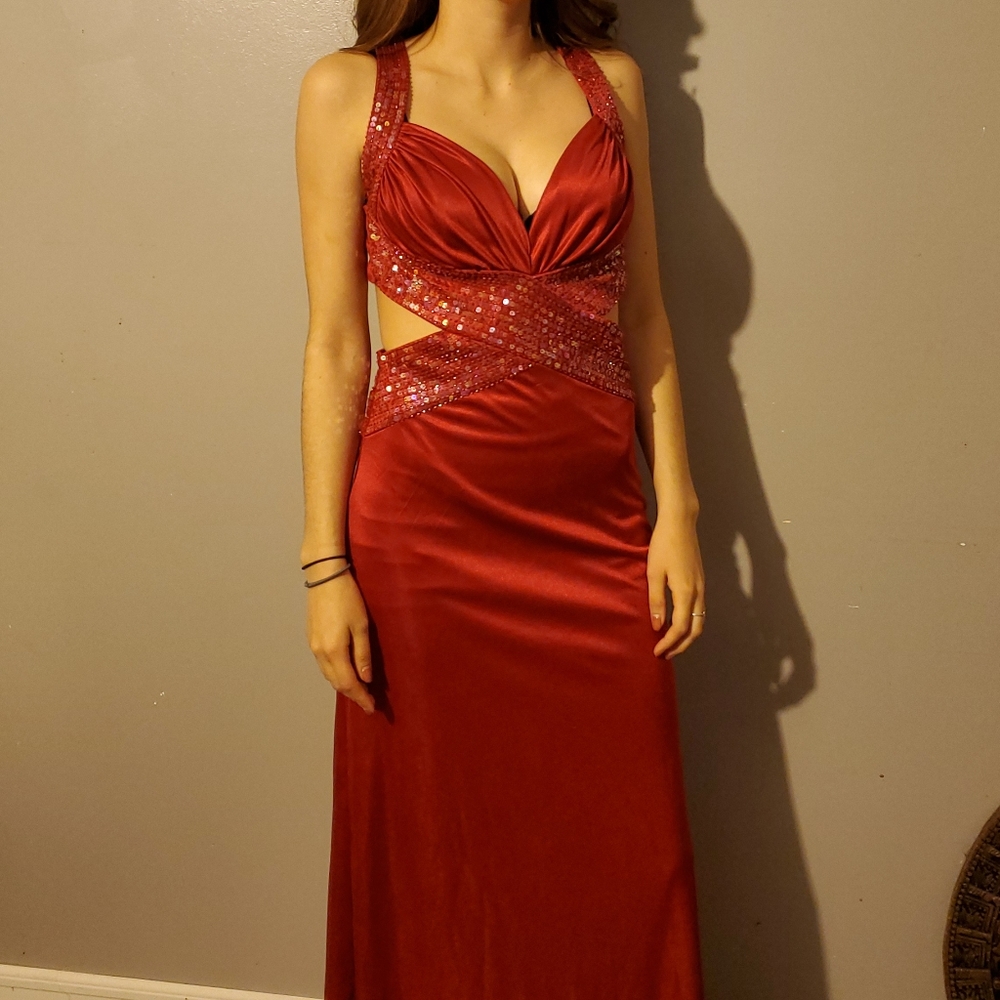 Red strappy silk prom dress